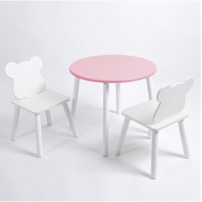 Комплект детский стол КРУГЛЫЙ и два стула МИШКА ROLTI Baby (розовая столешница/белое сиденье/белые ножки) в Советском - sovetskiy.ok-mebel.com | фото